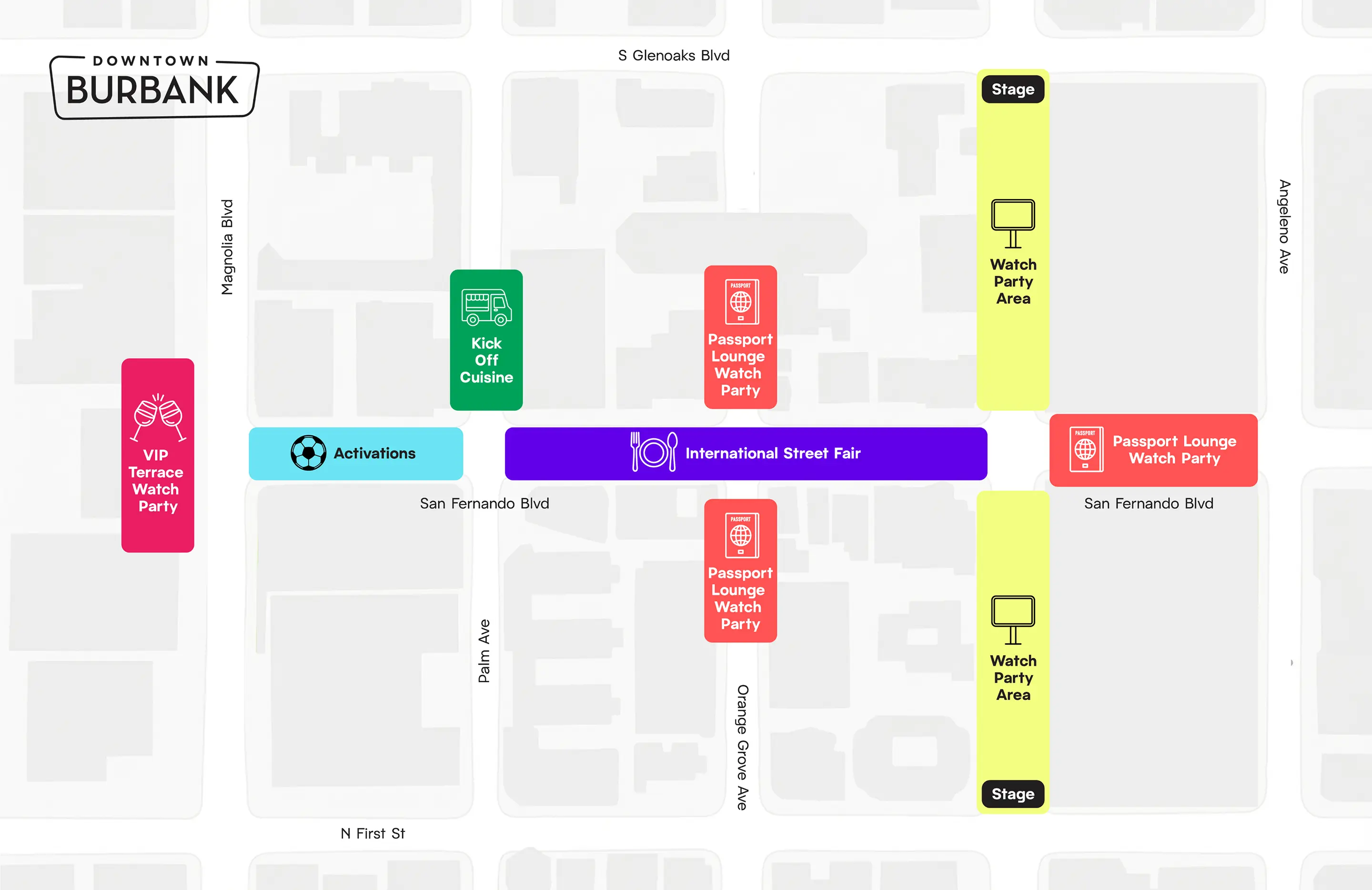 Downtown Burbank FanZone map showing Watch Party Areas, International Street Fair, Passport Lounges, Kick Off Cuisine, VIP Terrace, Activations, and Stages